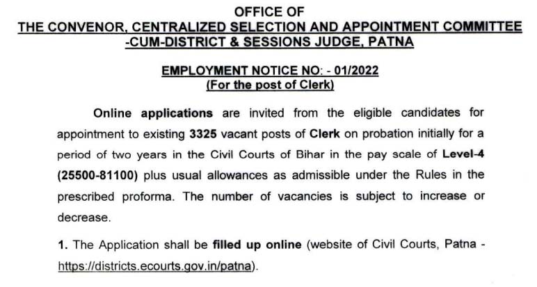 Bihar Civil Cord Recruitment for Clerk and Estonographer Posts